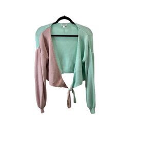 Vestique Colorblock Light Pastel Green Pink Wrap Sweater Cardigan Womens Size L